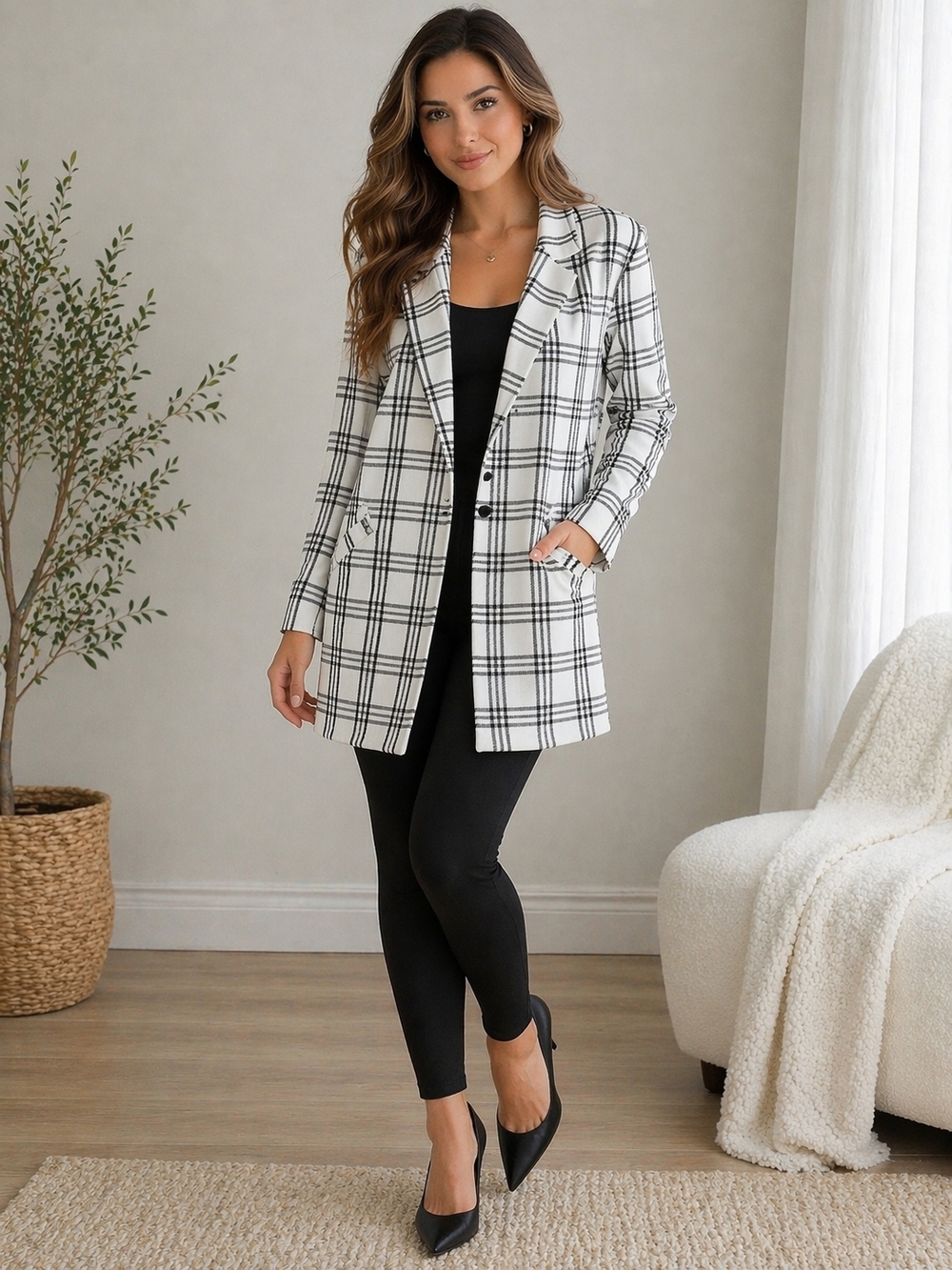 BOGO 30% OFF! MELLODAY Black And White Plaid Longline Blazer